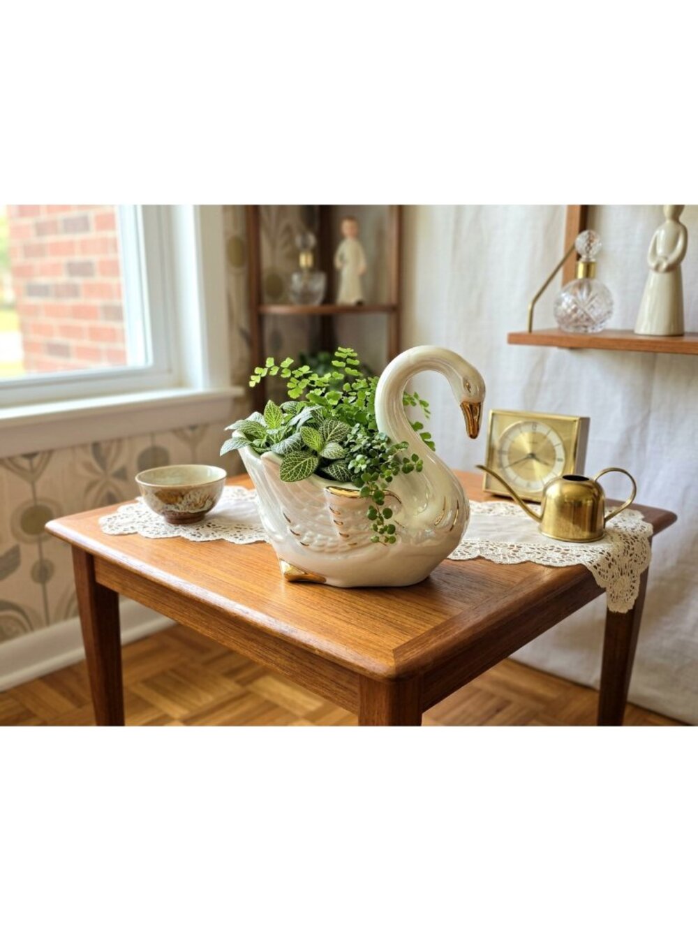 Vintage Swan Planter Vase White Ceramic Gold Trim MCM Hollywood Regency Decor